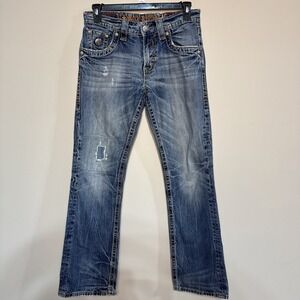 Rock Revival Mens Jeans Anthony Boot Jeans 31x33 Blue Distressed Casual #063